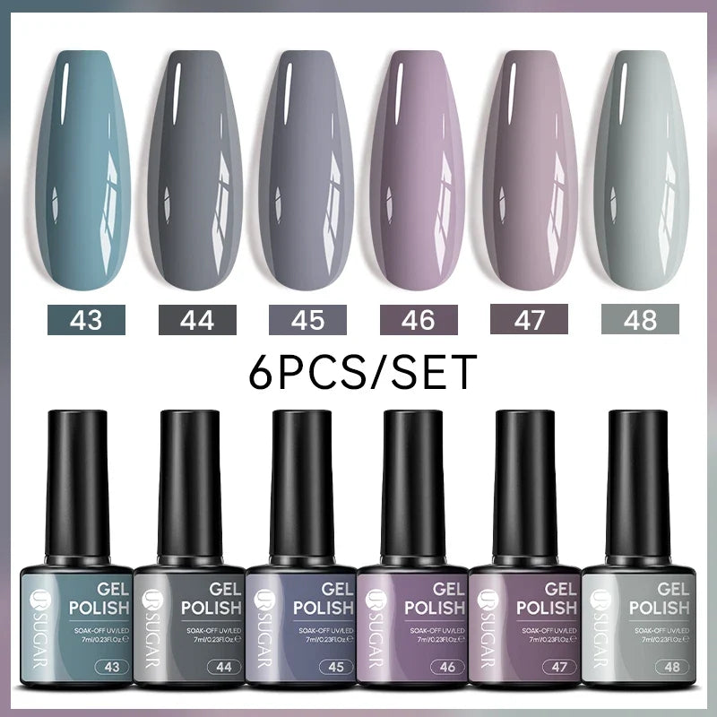 Blushimmer UR SUGAR 7ml gel nail polish set featuring nude pink, red, and glitter colors for semi-permanent UV gel manicures.