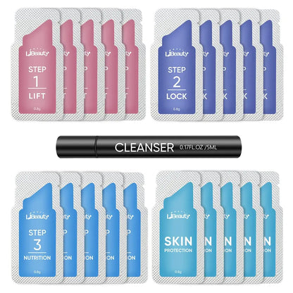 Libeauty Brow Lamination and Lash Lift Kit by Blushimmer with 20 sachets, featuring tools and products for brow and lash styling.