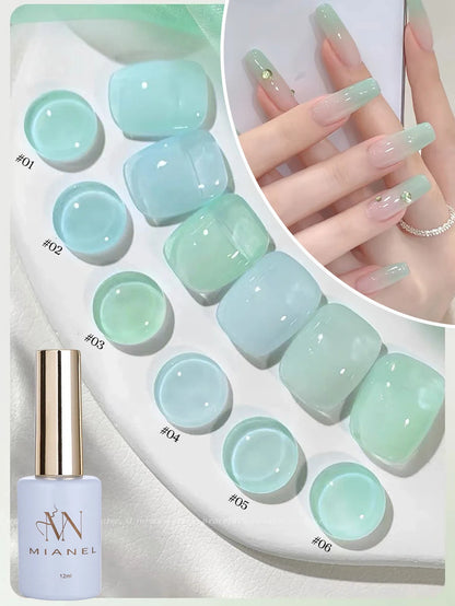 MIANEL 12ML Emperor Green cat eye gel nail polish by Blushimmer, showcasing green nails with a shimmering finish.