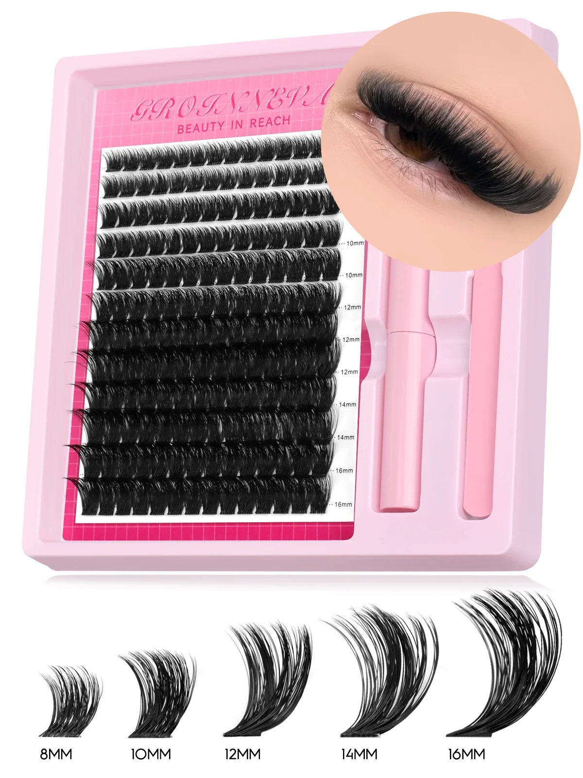 Blushimmer Lash Clusters Kit with C curl individual lashes in 10-18mm, includes lash bond and seal for DIY eyelash extension.