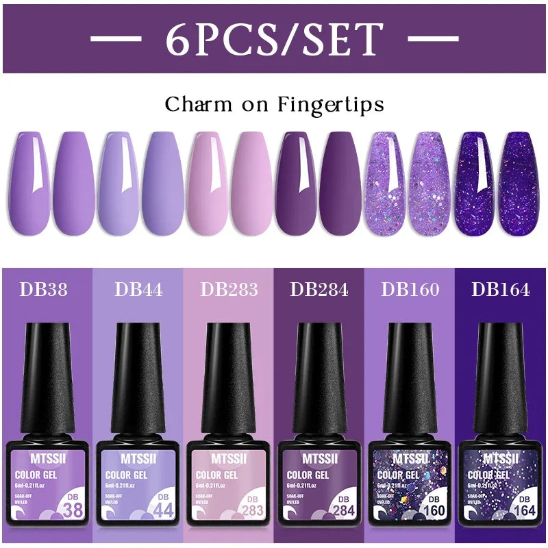 Blushimmer MTSSII 6-piece set of sparkly red gel nail polishes with shiny finish, ideal for UV/LED nail art and manicure supplies.