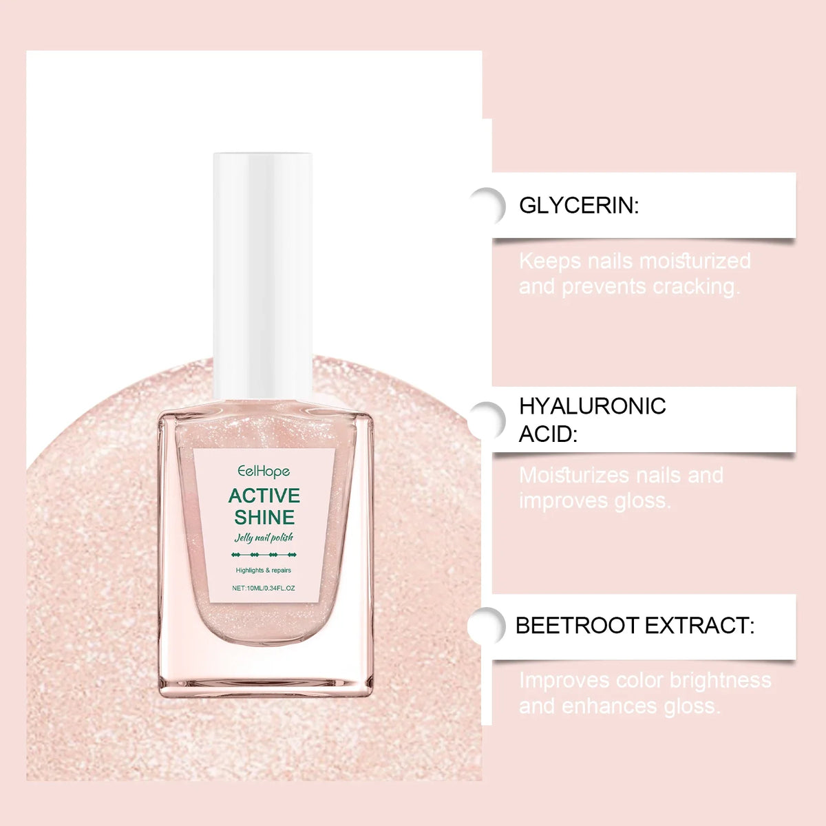 Blushimmer Jelly Nail Polish in transparent pink with fine glitter, perfect for autumn and winter, girly pink water-based formula