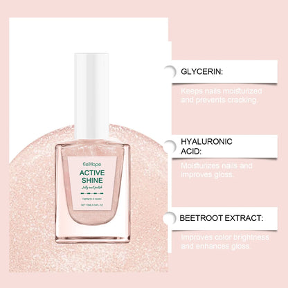 Blushimmer Jelly Nail Polish in transparent pink with fine glitter, perfect for autumn and winter, girly pink water-based formula