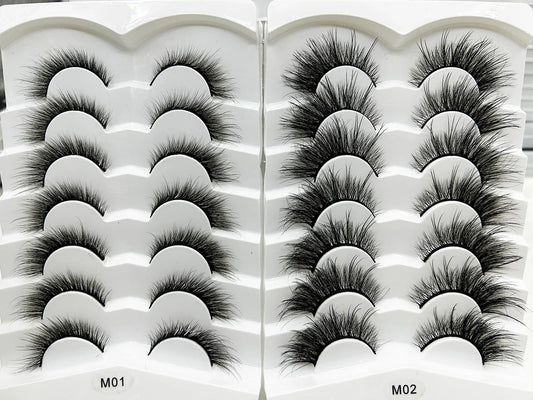 Close-up of Blushimmer 5/7 pairs soft natural 3D mink false eyelashes with cat eye elongated winged style, perfect for makeup.