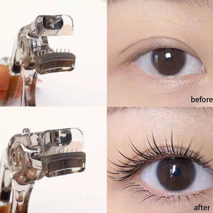 Blushimmer professional frameless eyelash curler with refill pad and long-lasting shaping lash tool, showcasing the curling comb and pad inside.