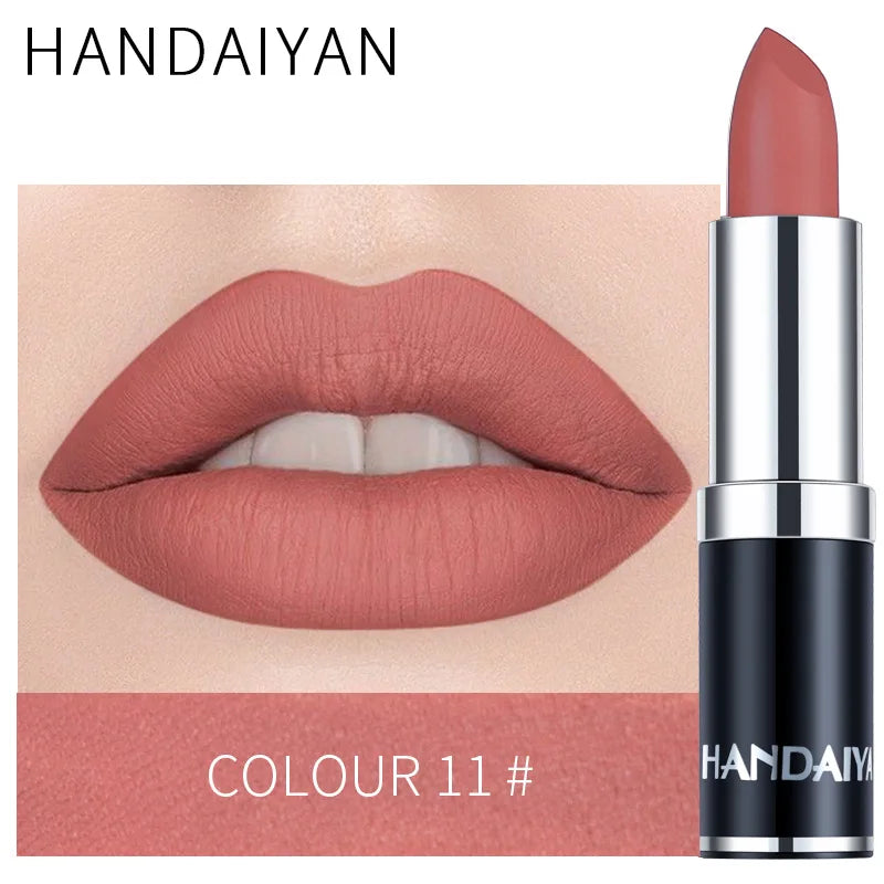 Blushimmer Handaiyan 12-color matte velvet lipstick set with long-lasting waterproof, non-stick cup, vibrant lipstick shades displayed.