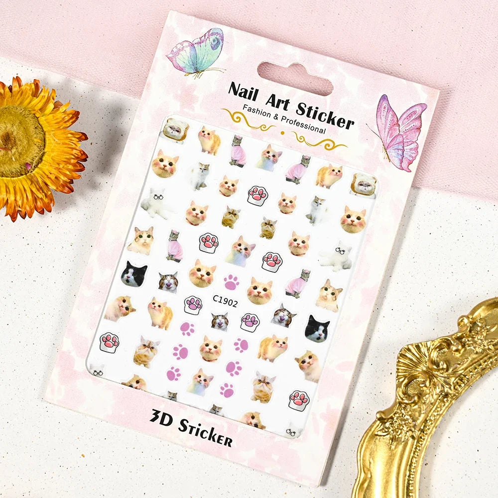 Cute cat and dog nail decals by Blushimmer featuring 3D animal cartoon designs for adorable, self-adhesive nail art decorations.