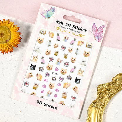 Cute cat and dog nail decals by Blushimmer featuring 3D animal cartoon designs for adorable, self-adhesive nail art decorations.