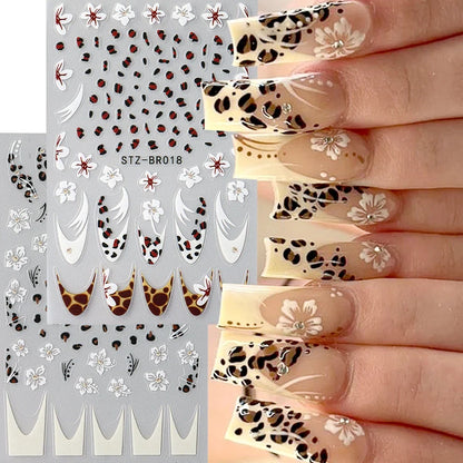 Blushimmer cheetah and floral French nail stickers with holographic leopard design for self-adhesive manicure decoration.