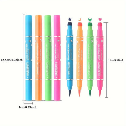 Blushimmer double-head liquid stamp eyeliner set with four waterproof styles including stars, hearts, moon, and butterfly designs.