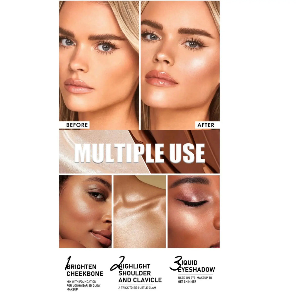 Blushimmer Liquid Highlighter Stick in Rose Glow with soft sponge tip for easy, long-lasting face and body contouring makeup.