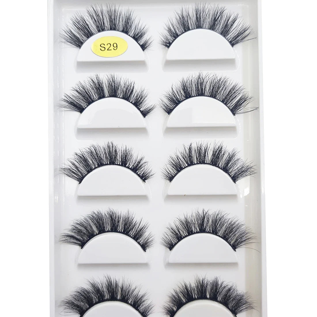 Five pairs of natural 3D mink false eyelashes from Blushimmer, featuring a full, fluffy cat-eye style for makeup enhancement.