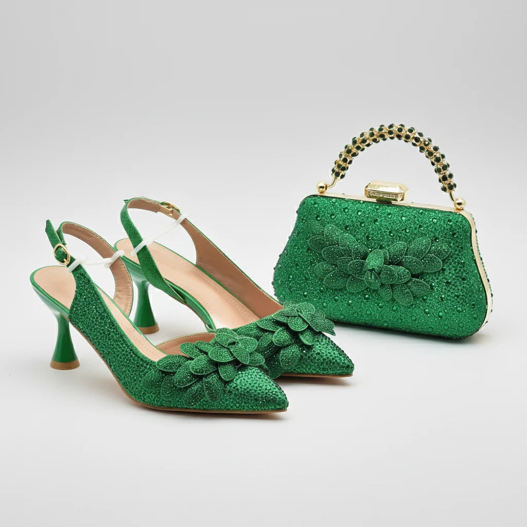 Elegant women's wedding pointed toe shoes and matching bag set by EdleessFashion, featuring luxurious design and stylish details.