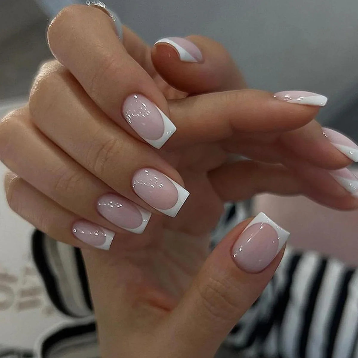 Set of 24 Blushimmer square head fake nails with pink and white gradient, short full cover French press tips with jelly glue.