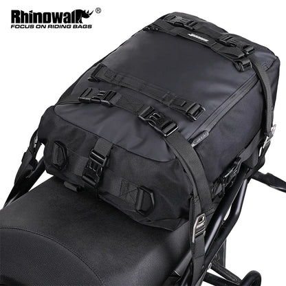 Rhinowalk motorcycle saddle bag, 10/20/30L waterproof side luggage bag for cycling, mounted on bike seat, with multiple compartments.