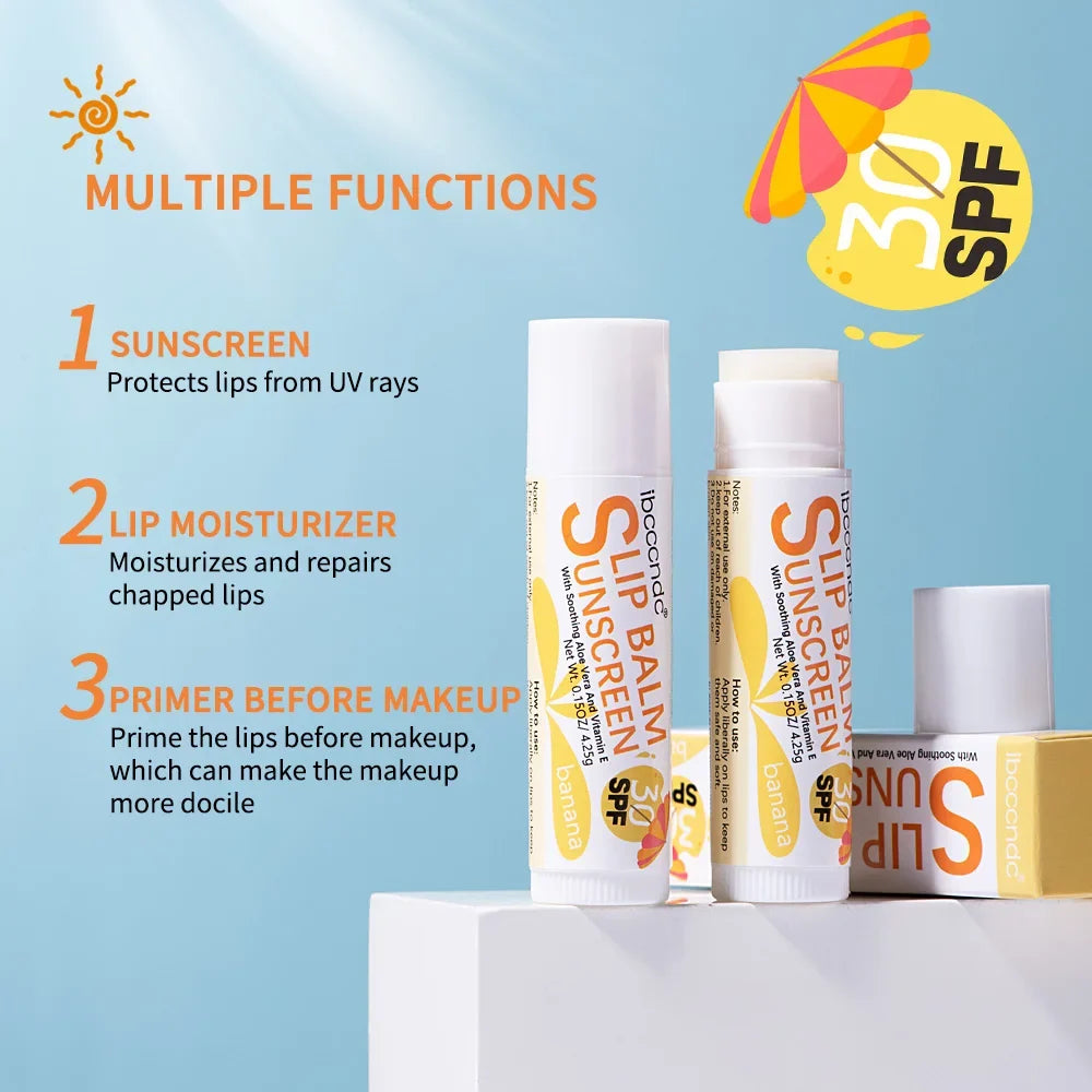 Blushimmer SPF 30 sunscreen lip balm with watermelon, coconut, and banana flavors, moisturizing colorless lip care for sun protection