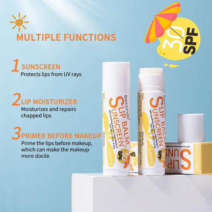 Blushimmer SPF 30 sunscreen lip balm with watermelon, coconut, and banana flavors, moisturizing colorless lip care for sun protection