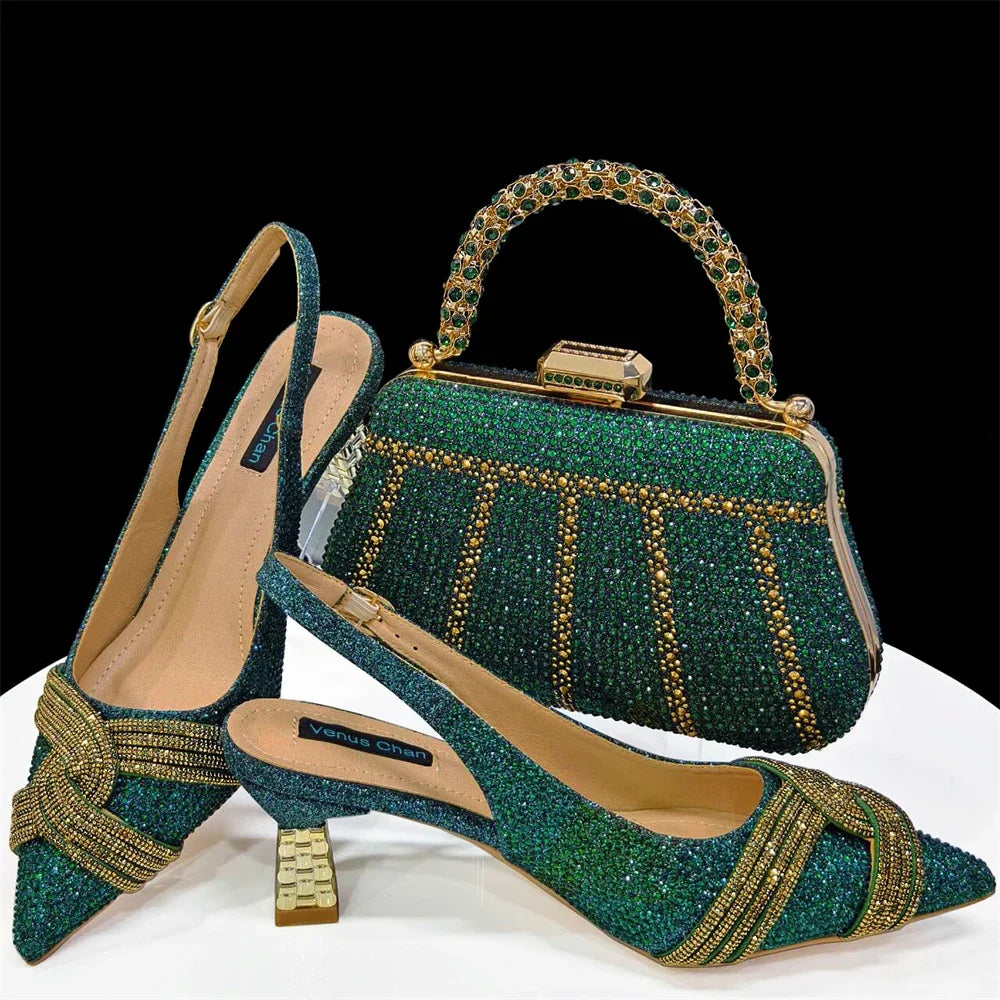 Elegant women's shoes and matching bag set with rhinestones by EdleessFashion, featuring luxurious design and sparkling details.