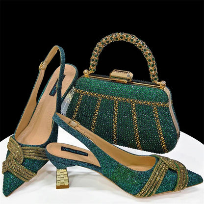 Elegant women's shoes and matching bag set with rhinestones by EdleessFashion, featuring luxurious design and sparkling details.