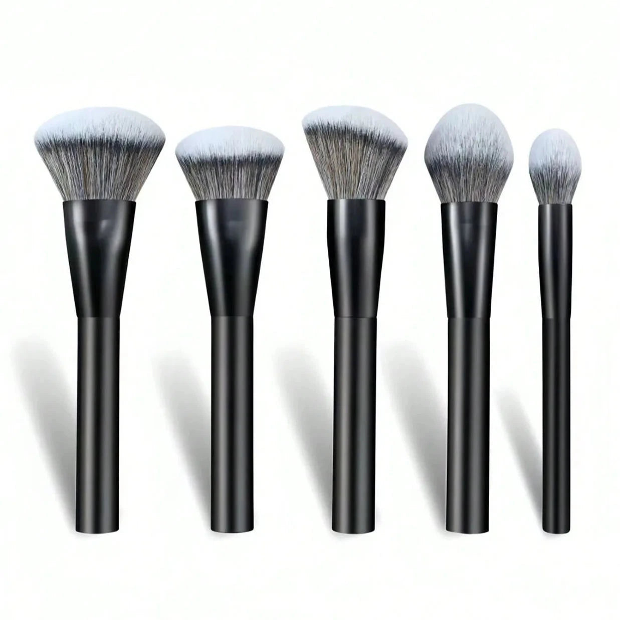 5-piece facial makeup brush set with foundation, powder, blush, concealer, contour, and blending brushes, featuring oil-sprayed handles.