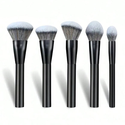 5-piece facial makeup brush set with foundation, powder, blush, concealer, contour, and blending brushes, featuring oil-sprayed handles.