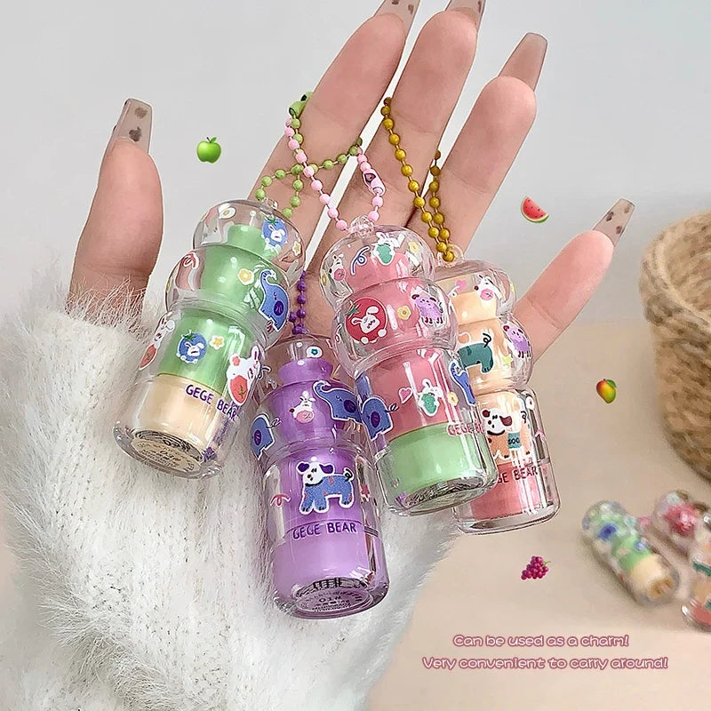 Blushimmer Gege Bear fruit-flavored lip balm with cute keychain pendant, moisturizing, long-lasting, reduces lip lines, lipstick style.