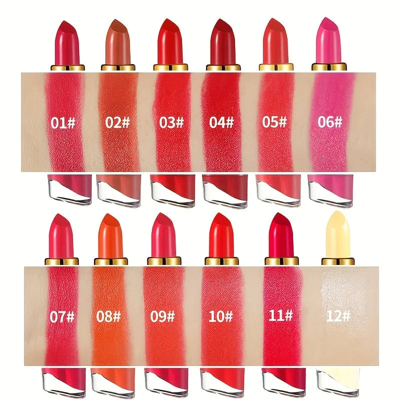 Blushimmer 12-color creamy moisturizing lipstick set with long-lasting finish, featuring various shades for women and makeup beginners.