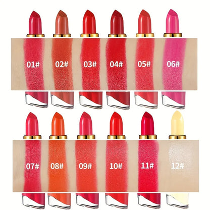 Blushimmer 12-color creamy moisturizing lipstick set with long-lasting finish, featuring various shades for women and makeup beginners.