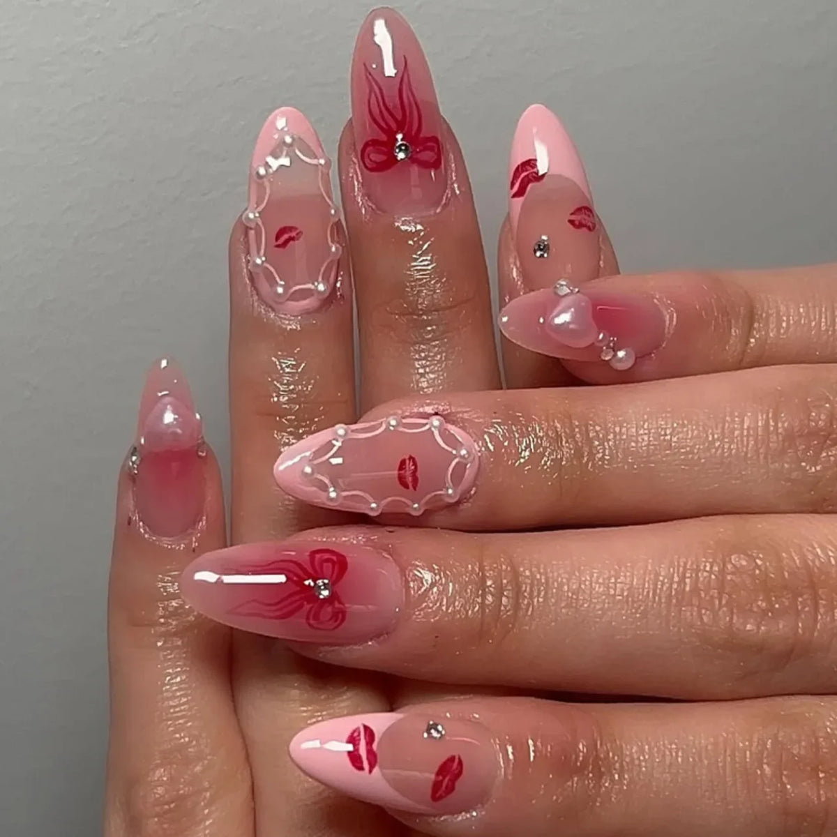 24-piece Blushimmer wine red almond press-on nails with cartoon rabbit, bowknot, plaid, pearl accents, French style, detachable for girls