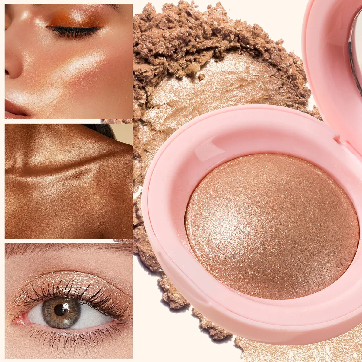 Blushimmer baked highlighter palette with radiant glitter eyeshadow and pressed powder for glowing, highly pigmented makeup looks.