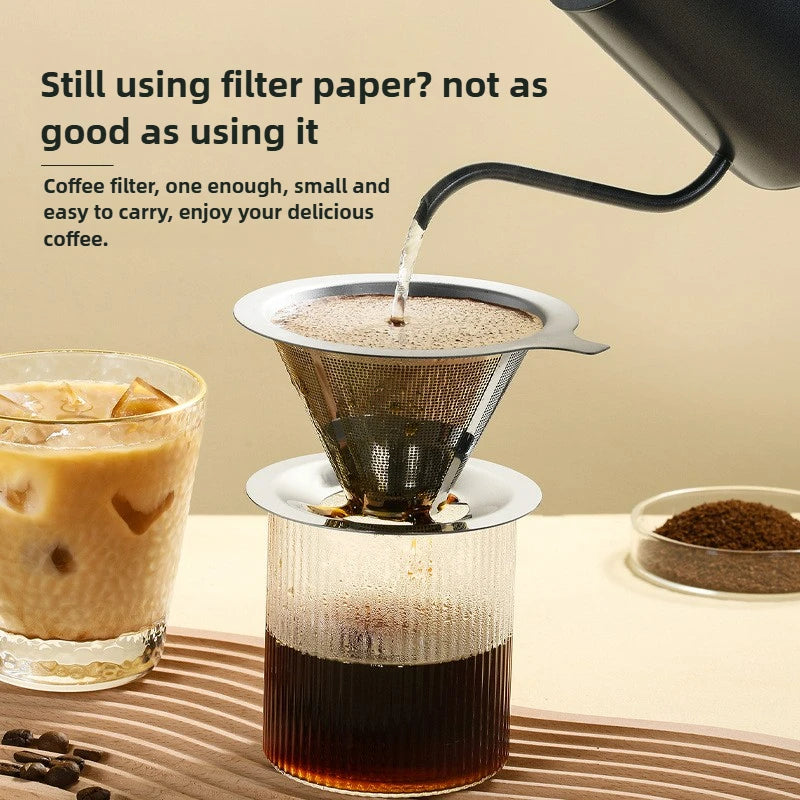 Pour Over Coffee Dripper,Metal Paperless Reusable Coffee Filter,Double Mesh Stainless Steel Cone Filter for Single Cup Brew