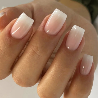 24-piece Blushimmer square head fake nails with pink-white gradient French press design and jelly glue for short full cover false nail tips.