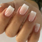 24-piece Blushimmer square head fake nails with pink-white gradient French press design and jelly glue for short full cover false nail tips.