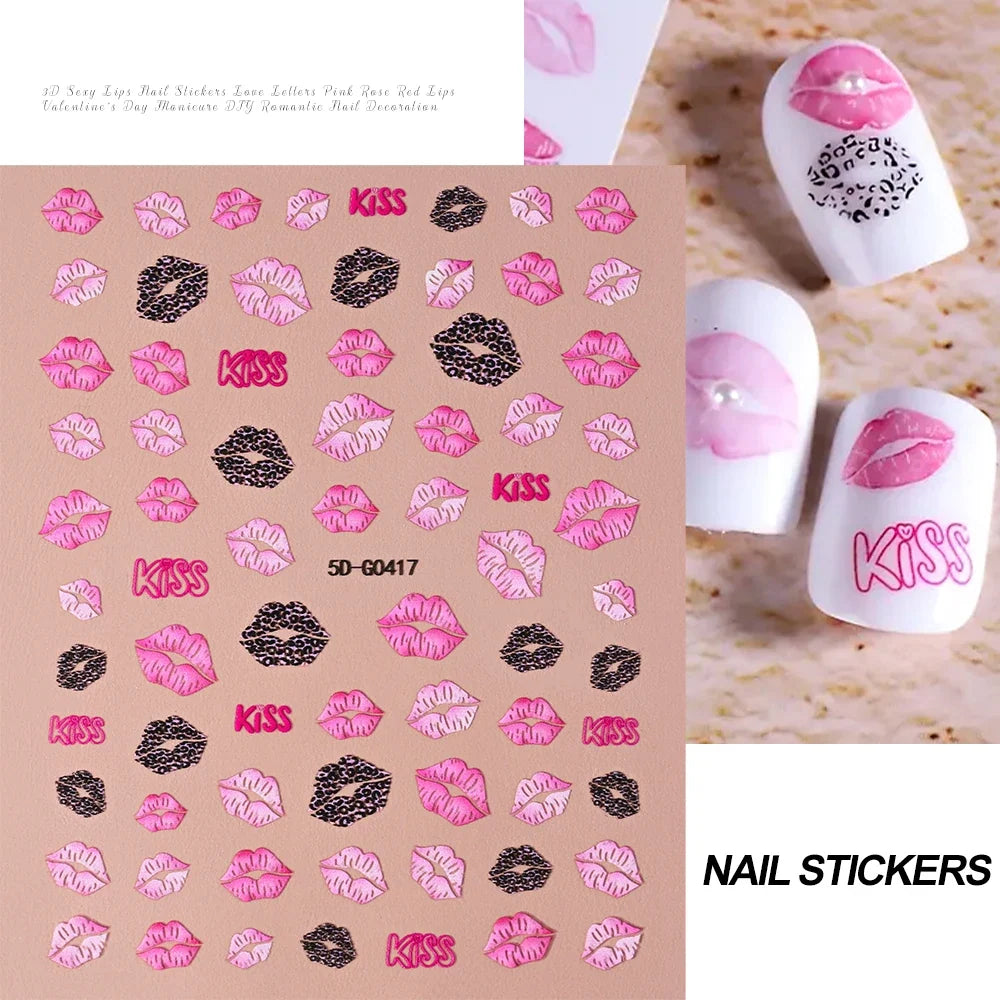 Red lips and love heart nail decal stickers by Blushimmer, perfect for DIY romantic Valentine's Day nail art.