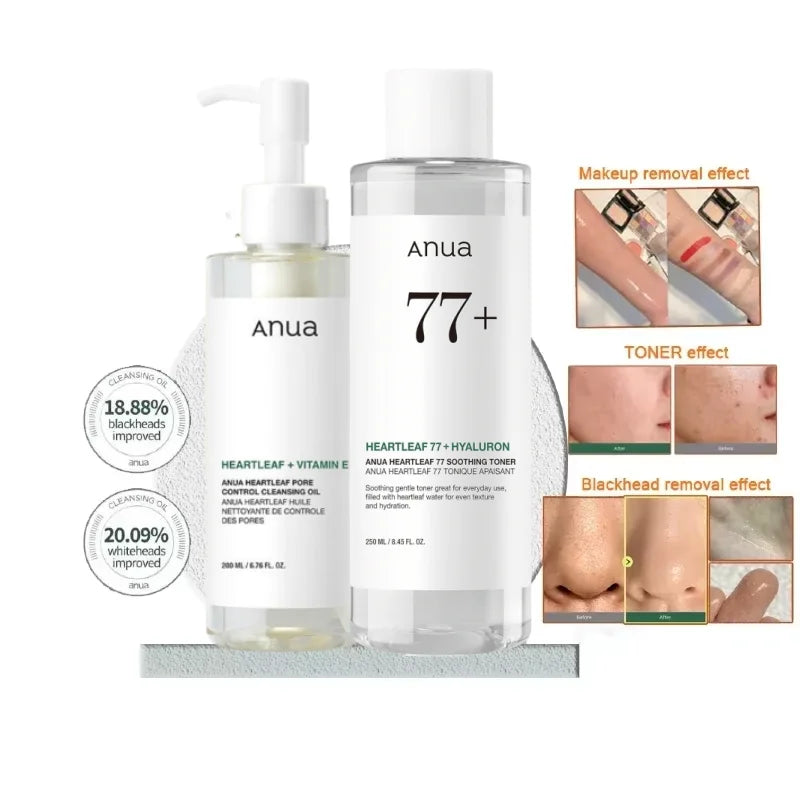 Korean ANUA Heartleaf skincare set including acne toner, daily lotion, cleansing foam, and cleansing oil from Blushimmer