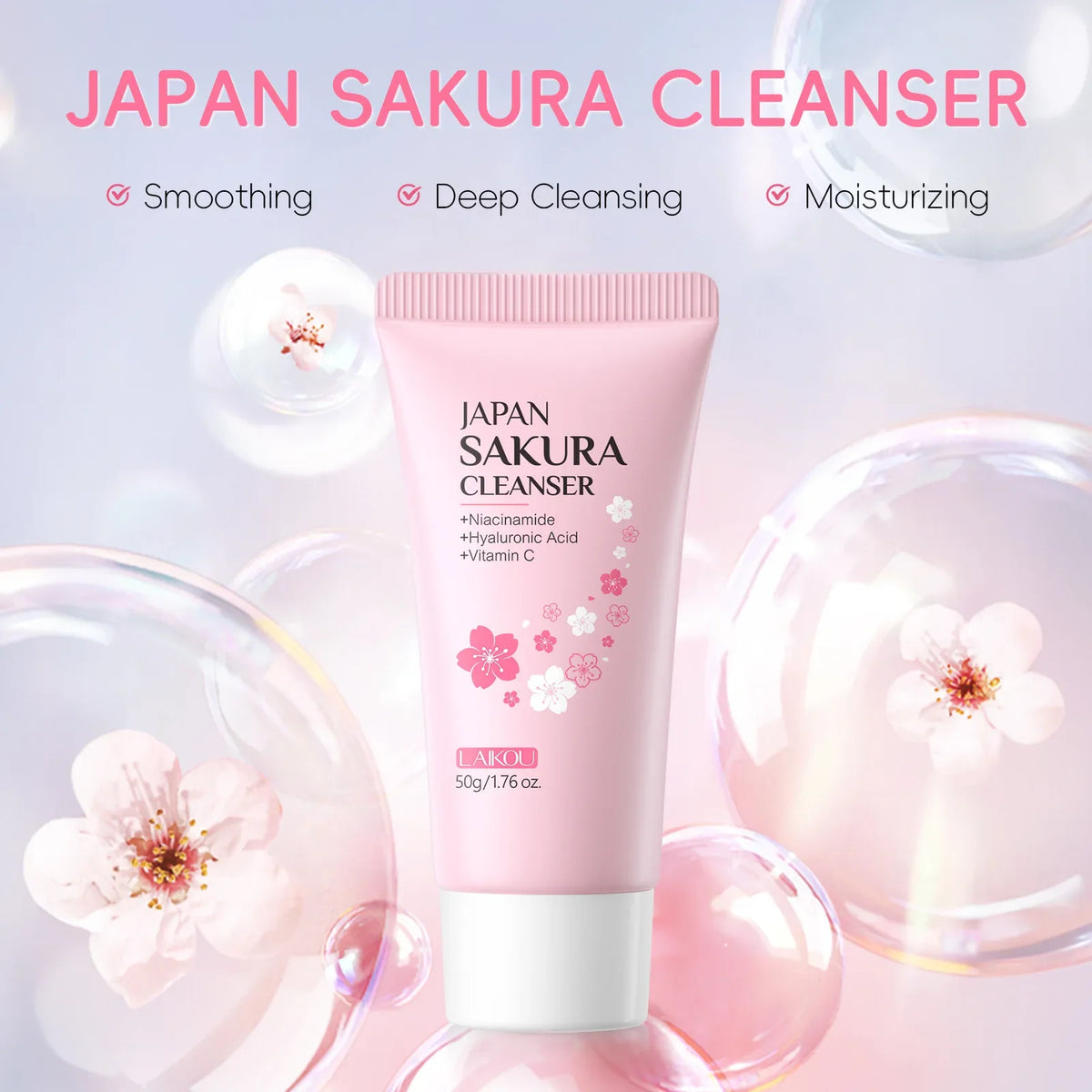 Blushimmer Laikou Sakura Facial Cleanser with gentle formula, deep cleansing, oil control, and brightening for all skin types, 50g.