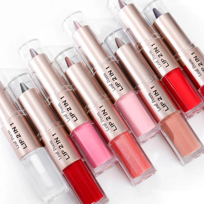 Black Brown Tapered Lip Liner Contour Pencil Double Head Mirror Plumping Lip Glaze Crystal Lip Gloss Sexy Red Lips Tint Makeup