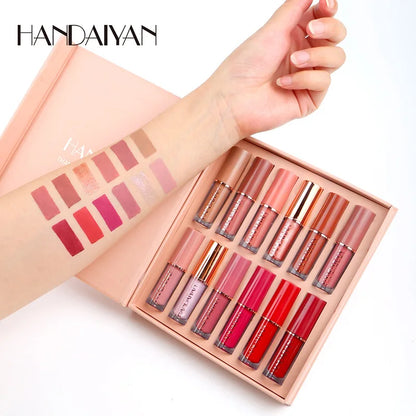 Set of 12 matte liquid lipsticks by Blushimmer featuring waterproof, long-lasting Korean lip glosses in a variety of colors.