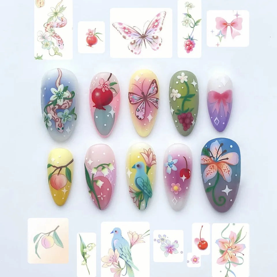 Set of 24 Blushimmer wine red almond press-on nails with cartoon rabbit, bowknot, plaid, pearl designs, French style for girls.