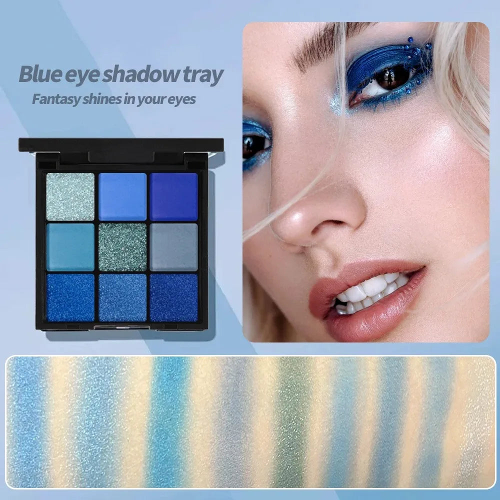 Blushimmer 9-color eyeshadow palette with matte, metallic, shimmer, and glitter shades for vibrant, waterproof eye makeup.