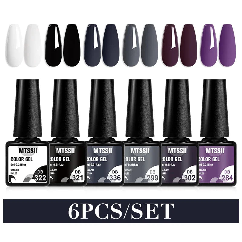 Set of six Blushimmer MTSSII sparkly red gel nail polishes with shiny finish for LED UV manicures and nail art.