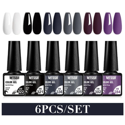 Set of six Blushimmer MTSSII sparkly red gel nail polishes with shiny finish for LED UV manicures and nail art.