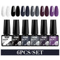 Set of six Blushimmer MTSSII sparkly red gel nail polishes with shiny finish for LED UV manicures and nail art.