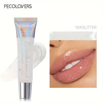 Blushimmer glitter lip gloss tube with moisturizing fruit lip oil for shiny, full lips and soft, tinted lip makeup.