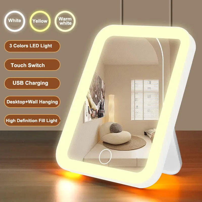 Blushimmer 3-color LED vanity mirror with touch screen, USB recharge, dimmable brightness, portable makeup mirror.