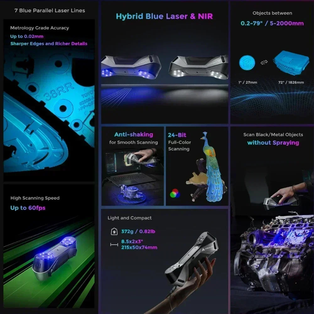 Creality 3D Scanner CR-Scan Raptor Multiple-line Blue NIR 0.02mm Accuracy 60FPS Anti-Shake Tracking Scanning 24Bit Color Scanner