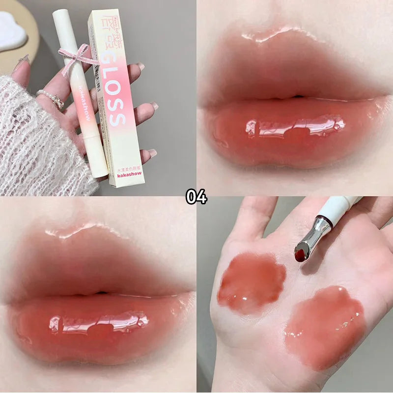 Kakashow Mirror Watery Lip Gloss by Blushimmer featuring a moisturizing jelly lip tint with a glossy finish in a clear container.