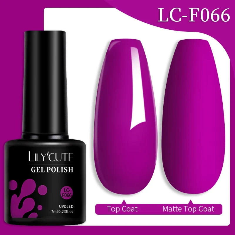 Colorful LilYCUTE 7ML gel nail polish bottles in various shades, showcasing long-lasting semi-permanent UV gel nail art by Blushimmer