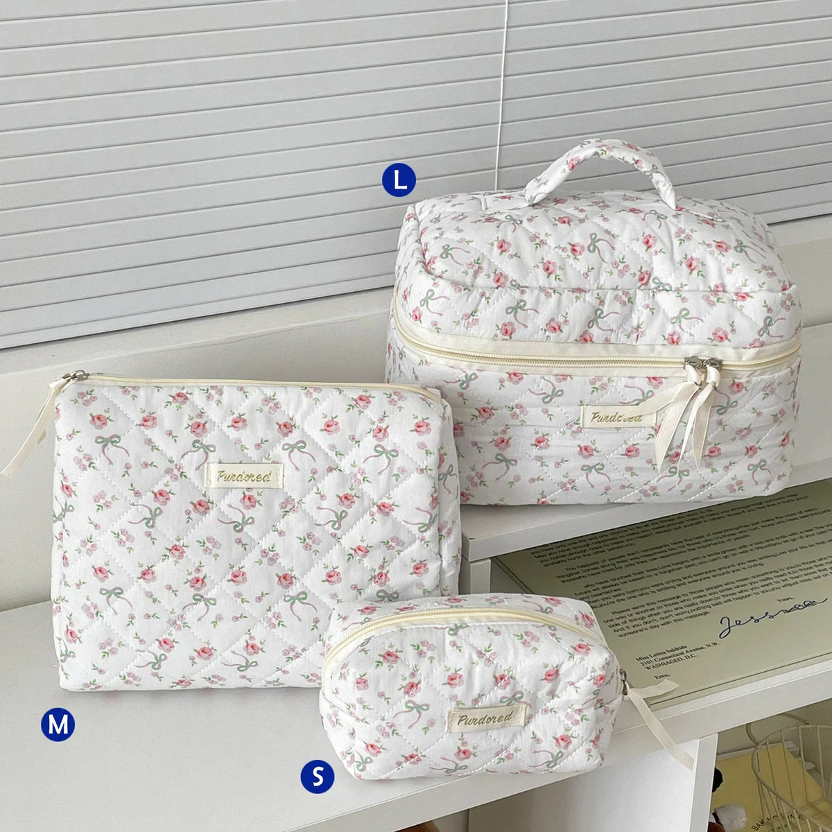 Cute quilted cotton makeup bag by Blushimmer, portable zipper cosmetic organizer in box shape for women and girls.