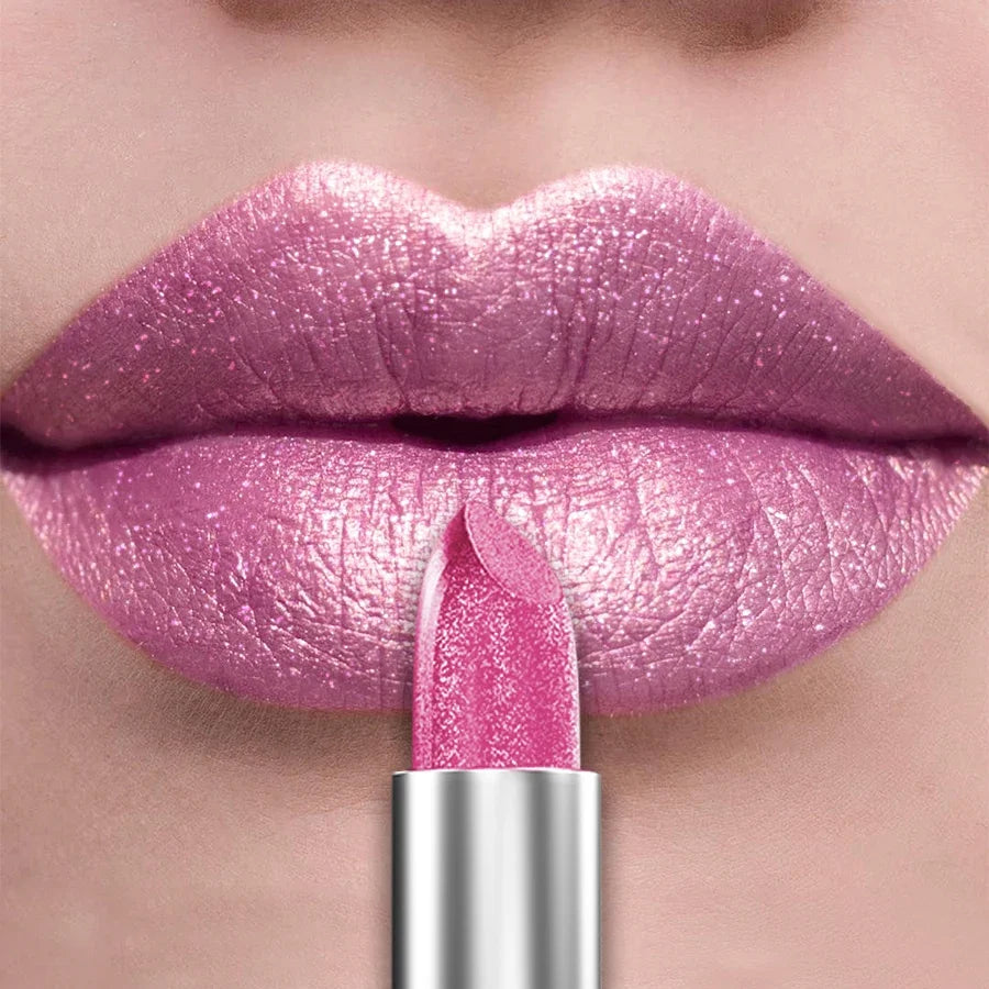 Blushimmer 21-color metallic glitter lipstick palette with shiny, pearlescent lip tints and bold, long-lasting matte lip makeup.